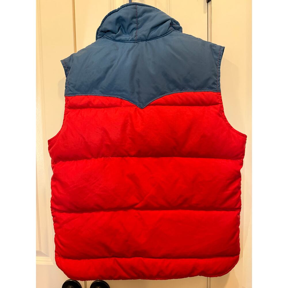 Vintage Frostline Goose Down Puffer Vest Red Blue Western Yoke Snap Outdoor USA